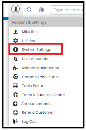 Accounts and Settings menu with System Settings option highlighted
