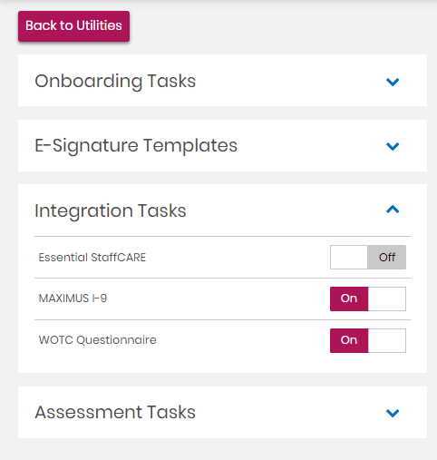 Integration Tasks panel showing the Maximus I-9 toggle