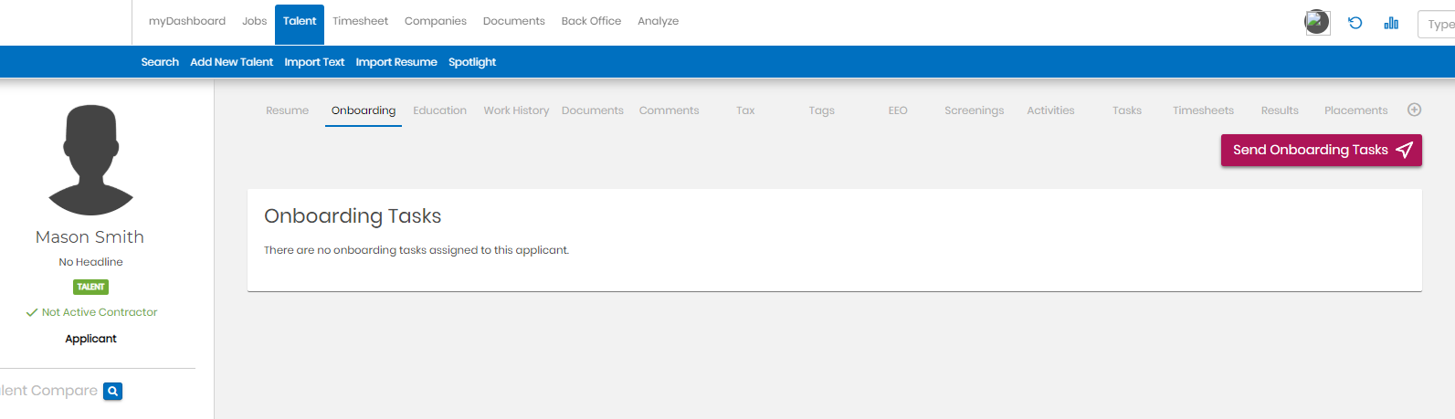 Talent record with Onboarding section highlighted