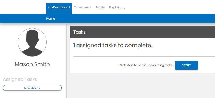 Talent portal showing the Maximus I-9 task with Start button
