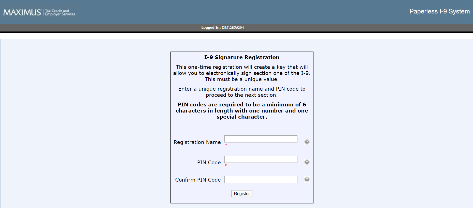 I-9 Signature Registration screen for creating a Maximus account
