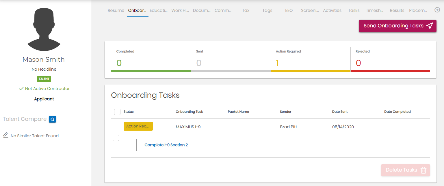 Onboarding task showing Action Required status