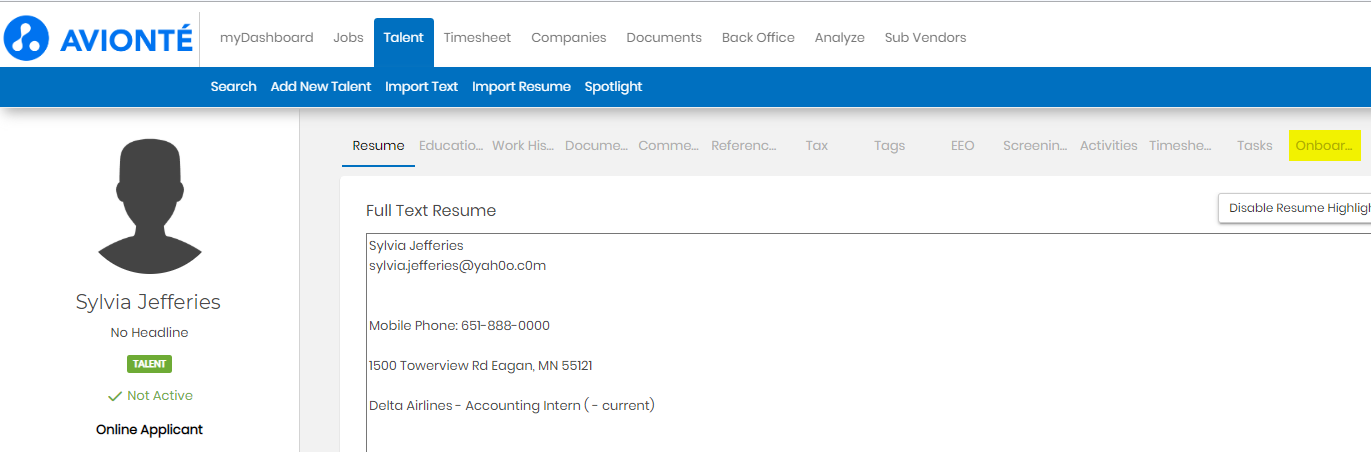 Onboarding option in talent record navigation menu