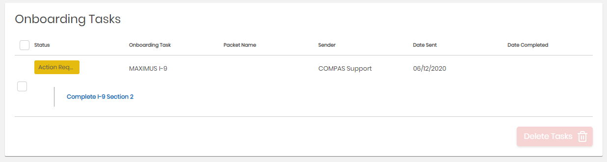 Onboarding Tasks dashboard showing a task in Action Required status