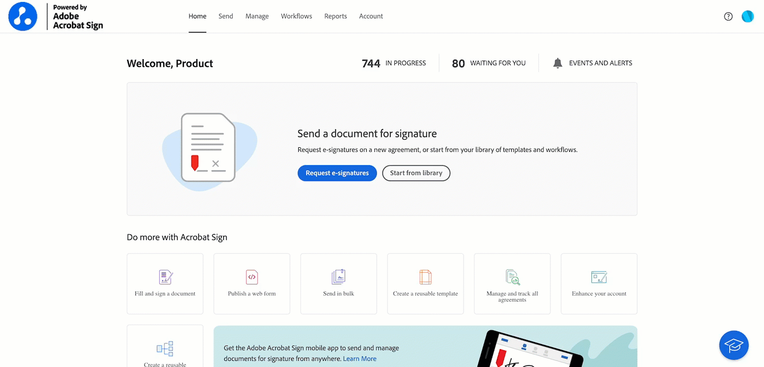 Adobe Home - Manage - Templates navigation