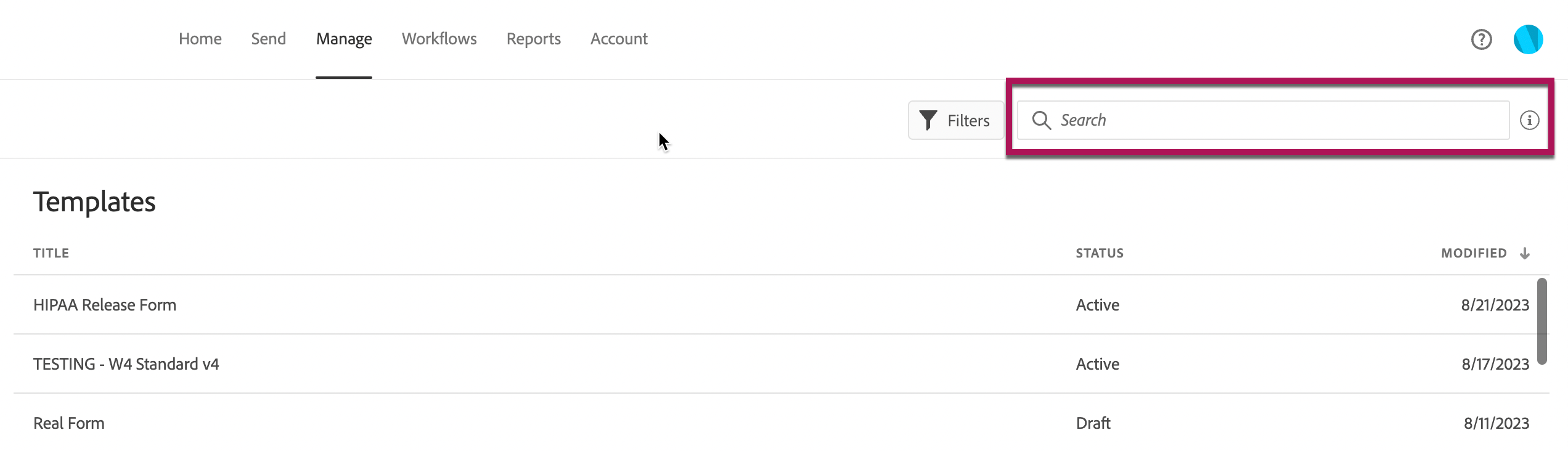 Adobe Templates with Search filter