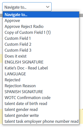 Adobe Template Editor - Navigate To dropdown