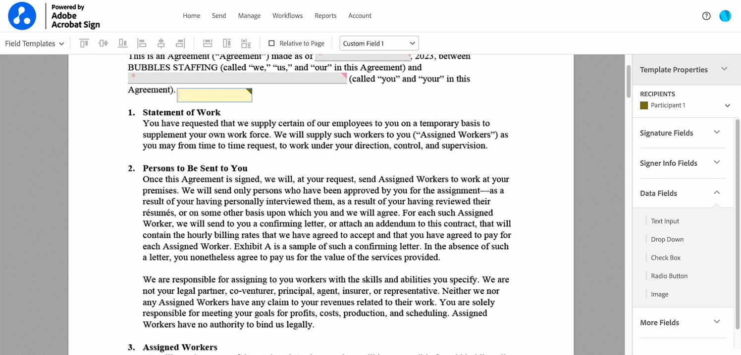 Editing a custom field in the Adobe template editor