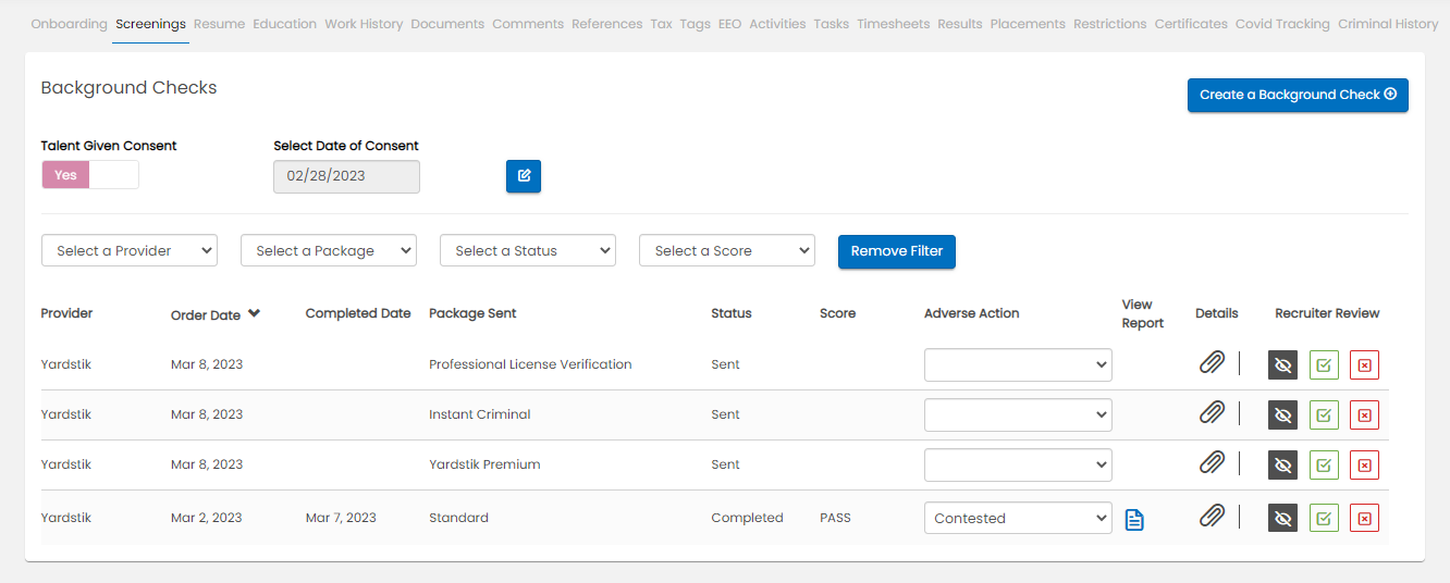 Talent Screening page showing ordered background checks