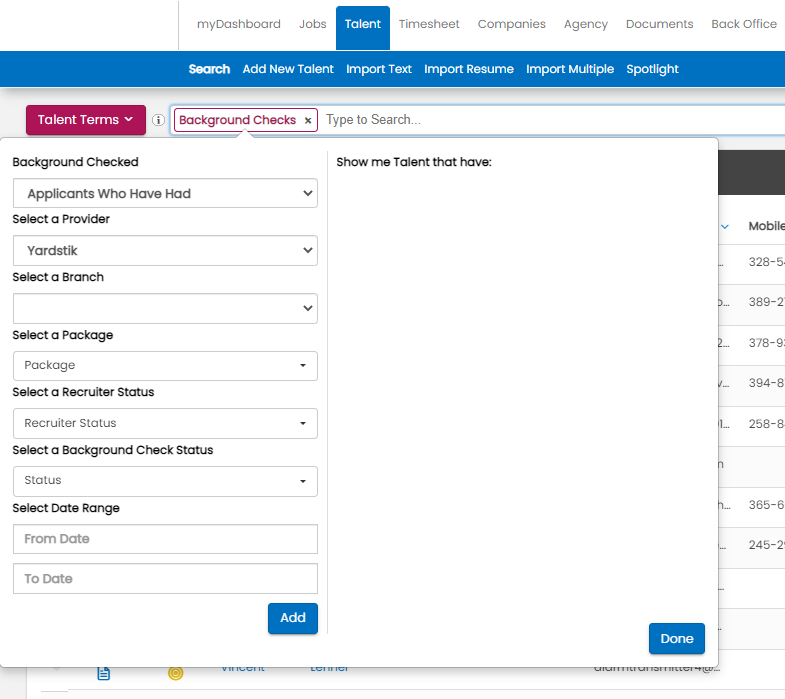 Background Check search terms applied in Talent Search results