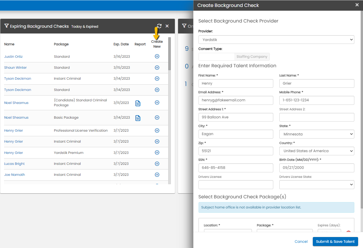 Create New button for re-ordering background checks from the widget
