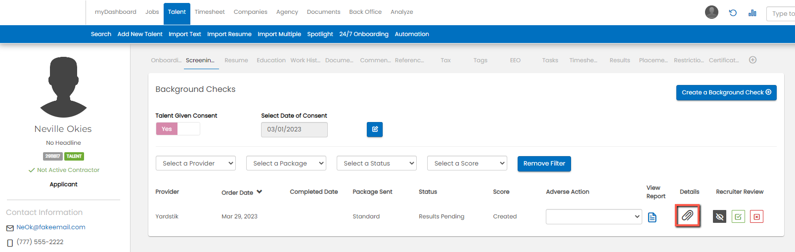 Details button on an existing background check order