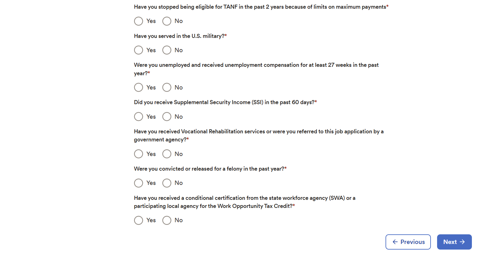 WOTC screening: Select Applicable Statements
