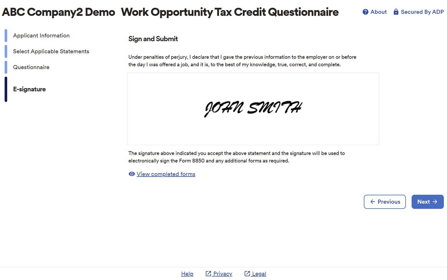 WOTC screening: Sign and Submit e-signature