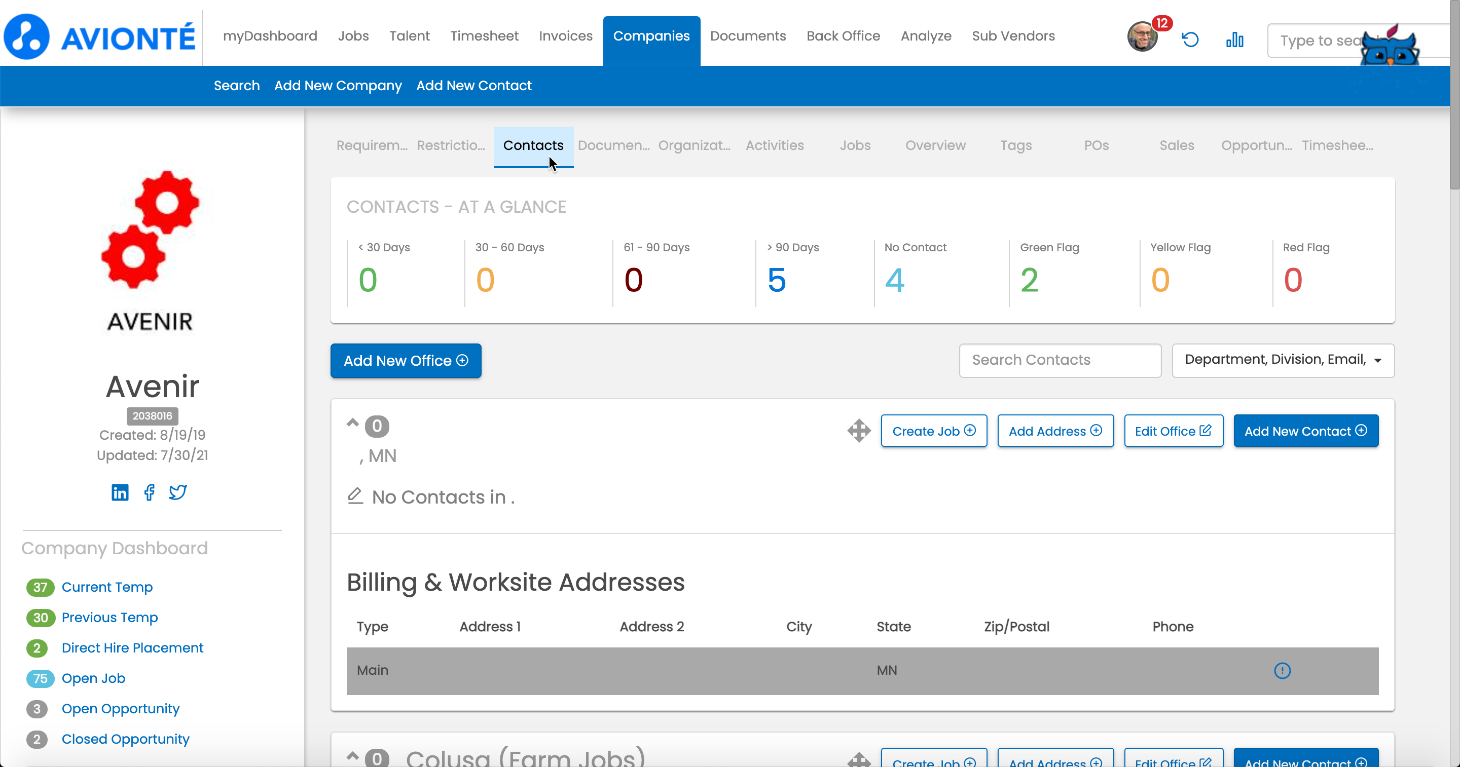 Company screen showing the Contacts tab