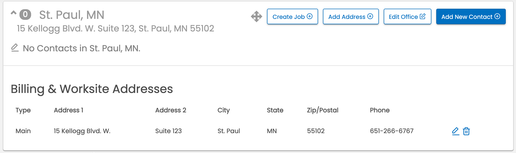 Example of a newly created office on the Contacts tab
