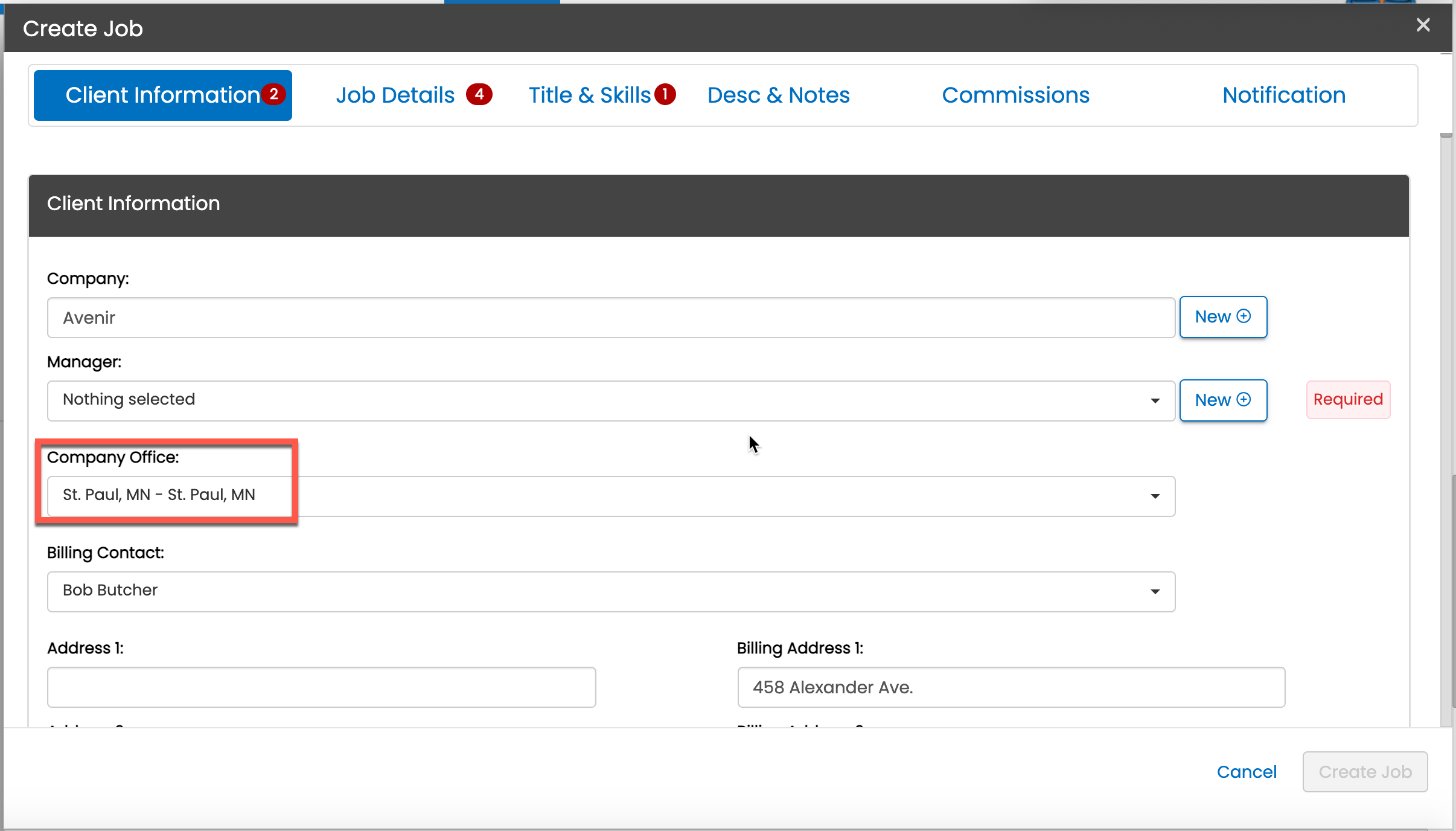 Create Job button on the office
