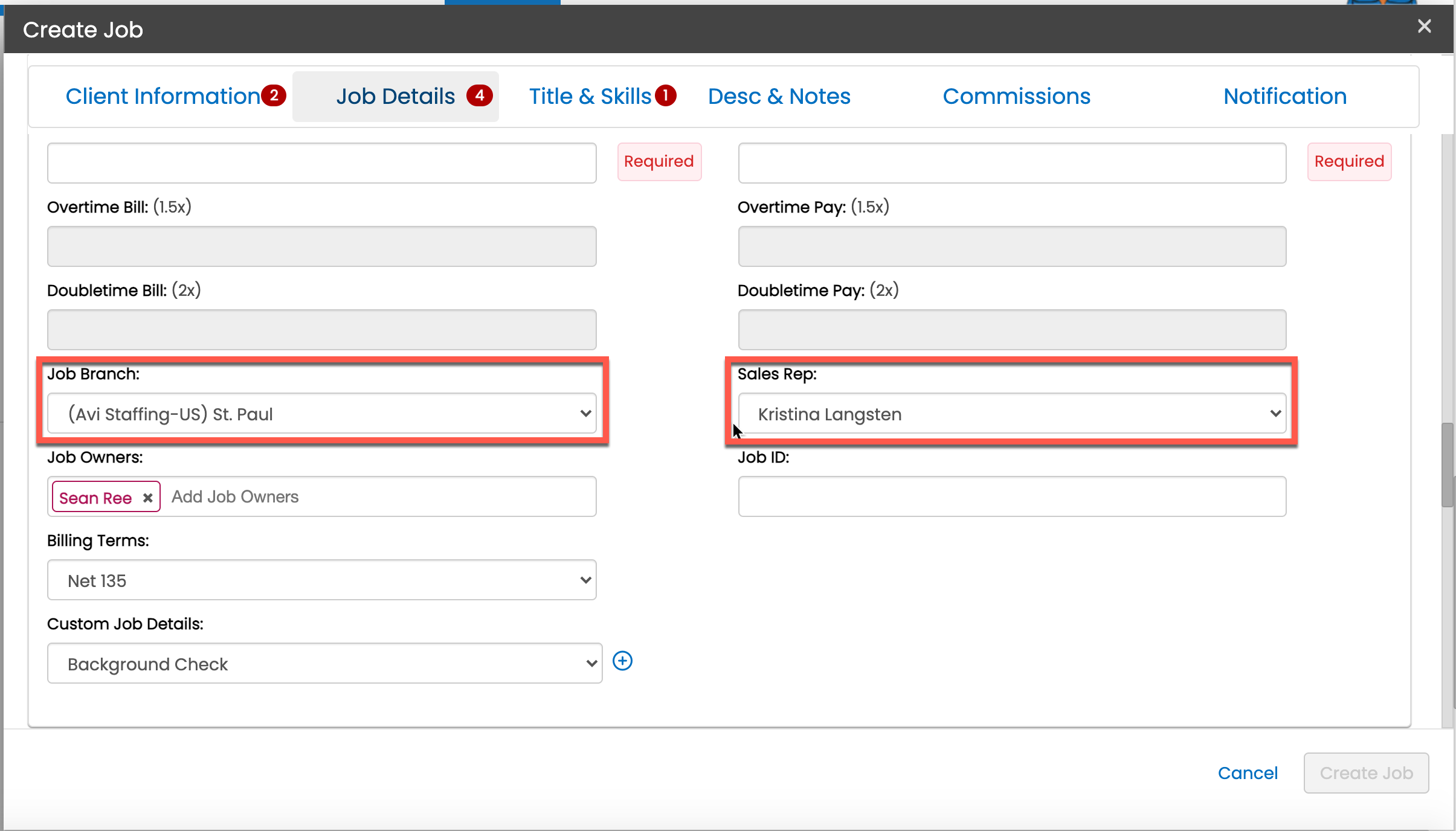 Job Details section showing Job Branch and Sales Rep pre-filled