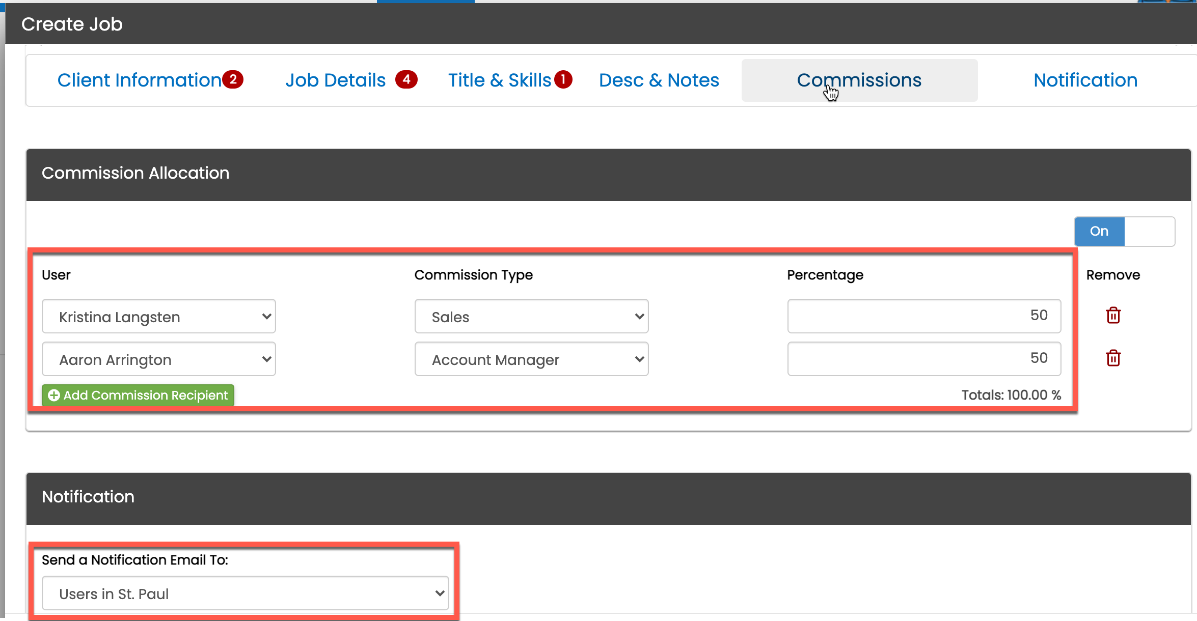 Create Job flyout showing Commission Allocation and Notification fields pre-populated