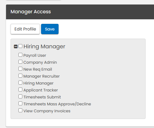 Manager permissions Edit Access screen showing Hiring Manager and Applicant Tracker toggles
