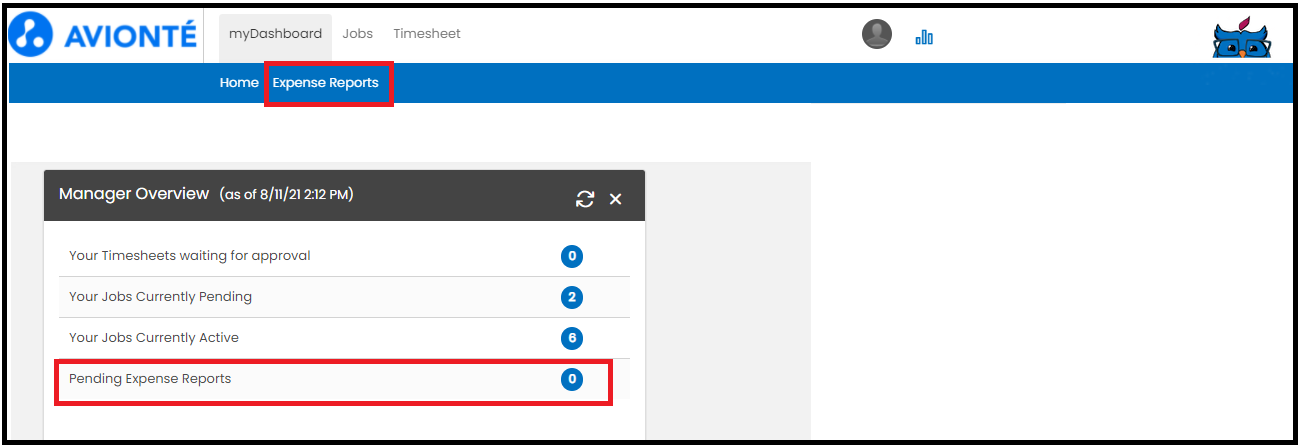 Pending Expense Reports count on the Expense Reports sub-tab