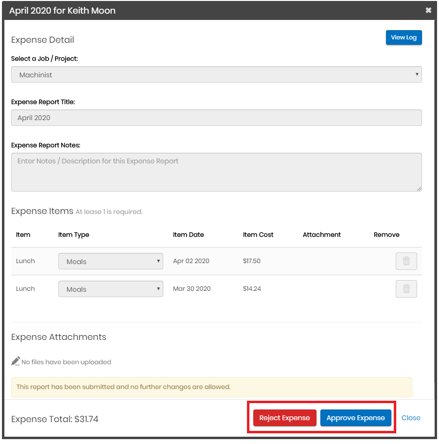 Expense Report fly-out with Approve and Reject options