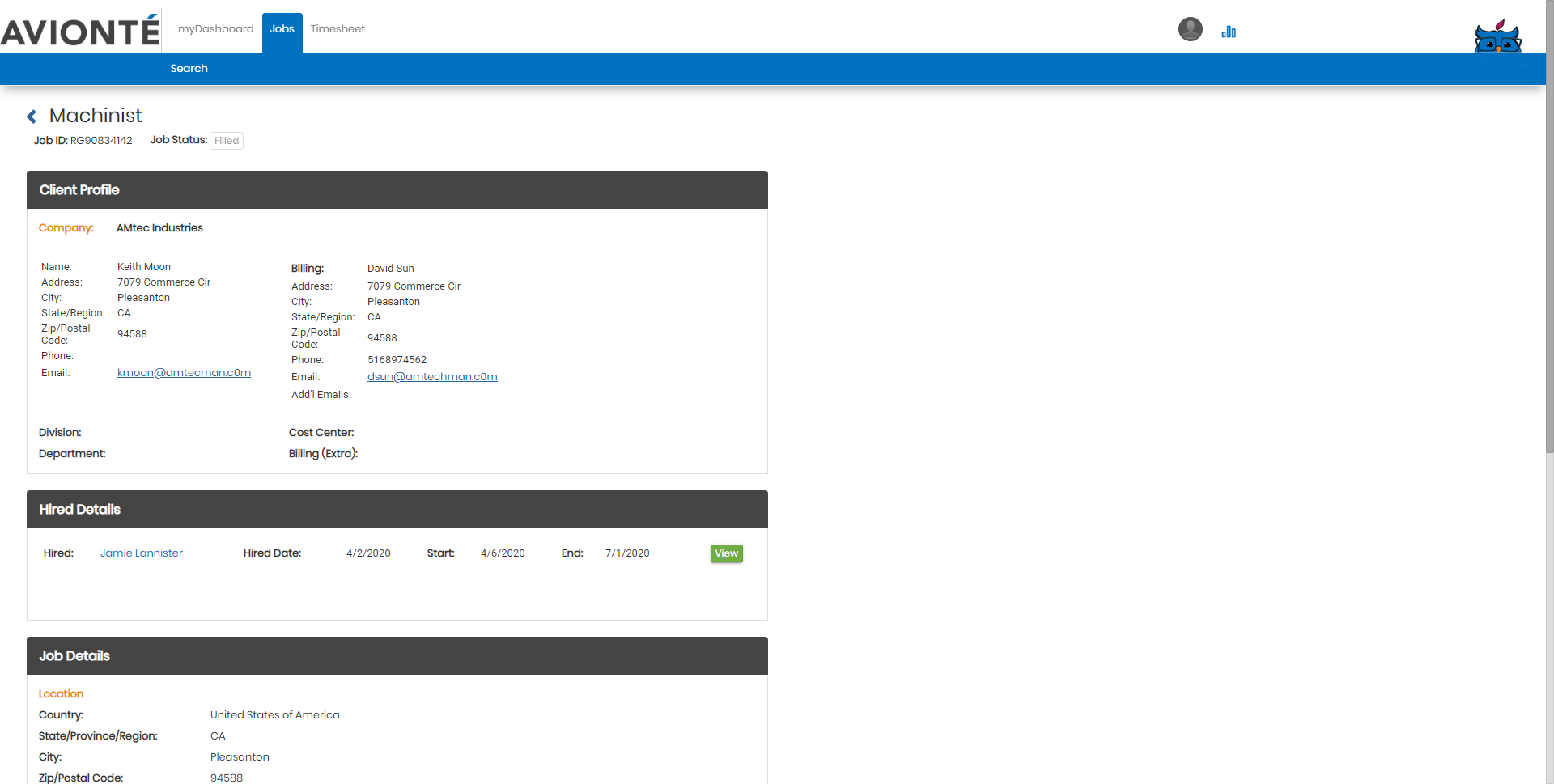 Job Details view opened from the briefcase icon