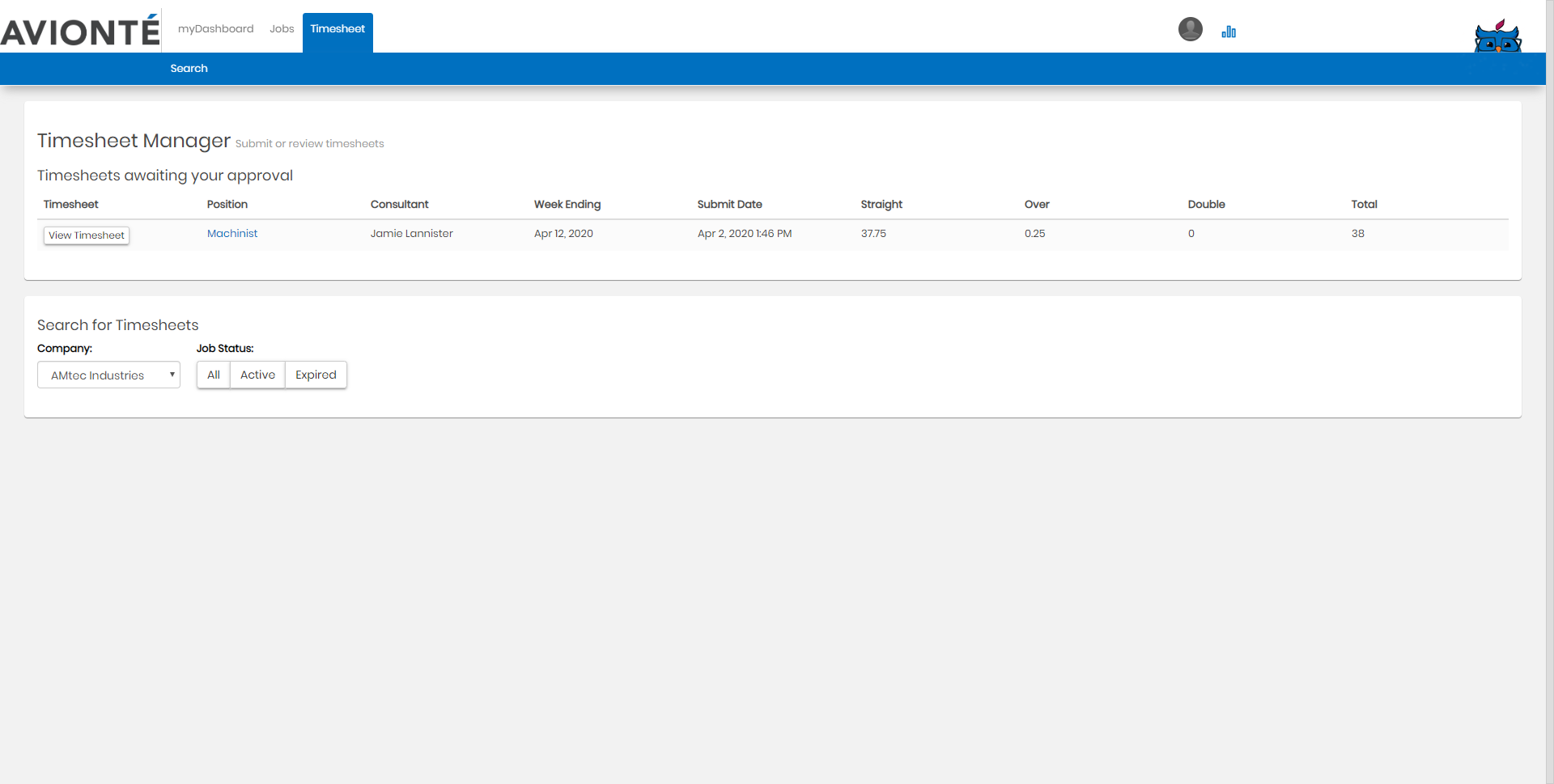 Timesheets main menu listing timesheets awaiting approval