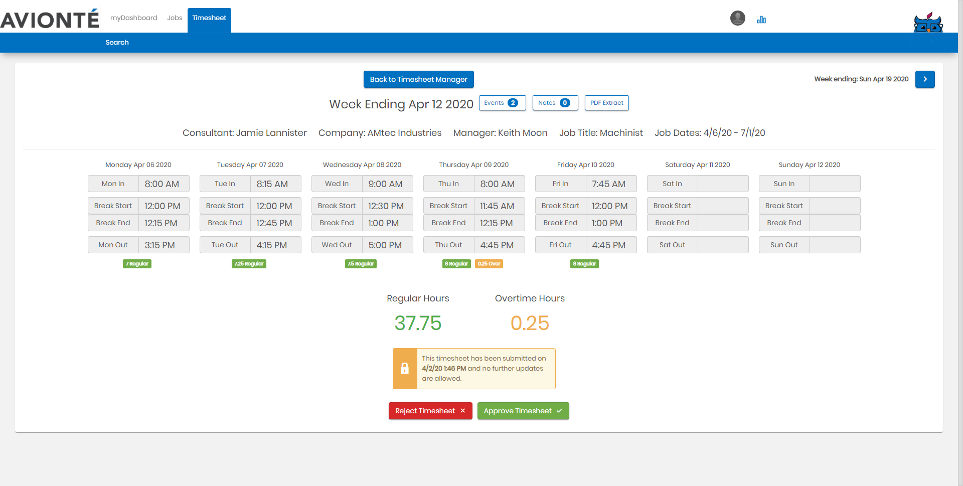 Individual Timesheet view with approval log and PDF download option