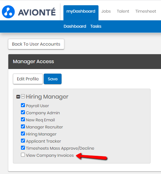 View Company Invoices permission toggle in Edit Access