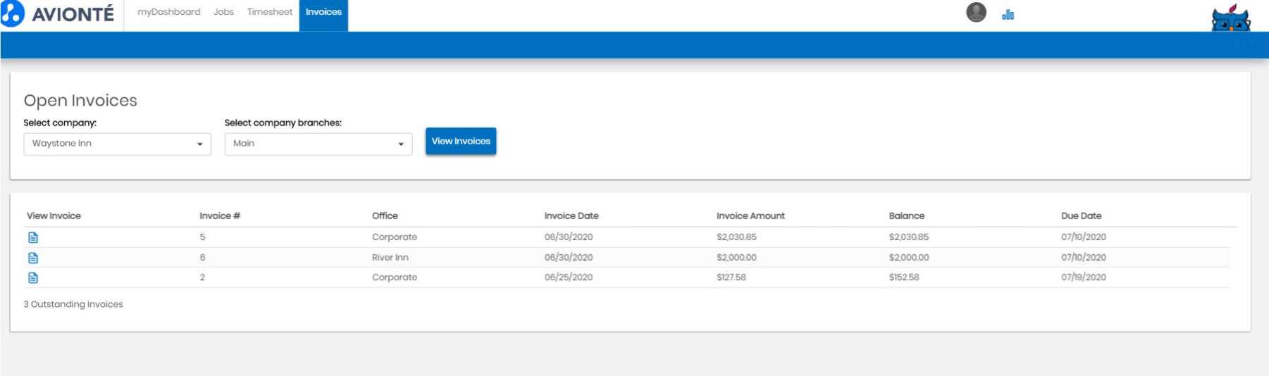 Open Invoices view showing outstanding balances and total amount due