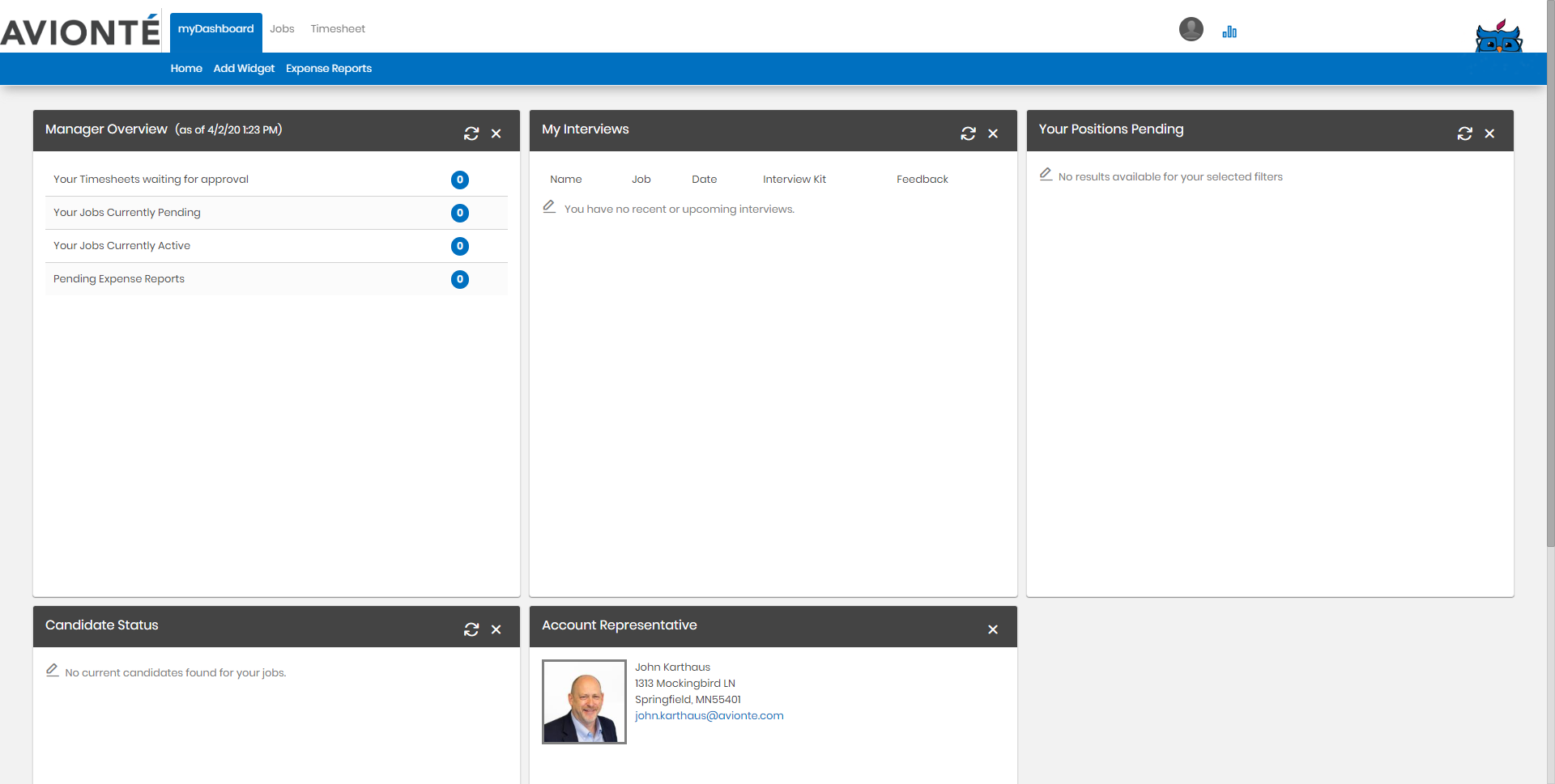 myDashboard home page of the Contact Experience portal