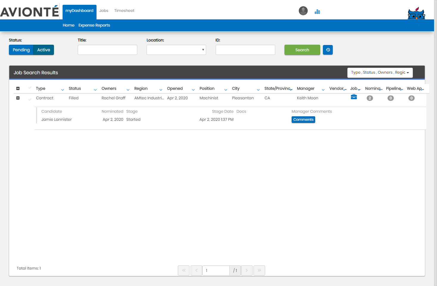 Jobs main menu listing pending and active jobs