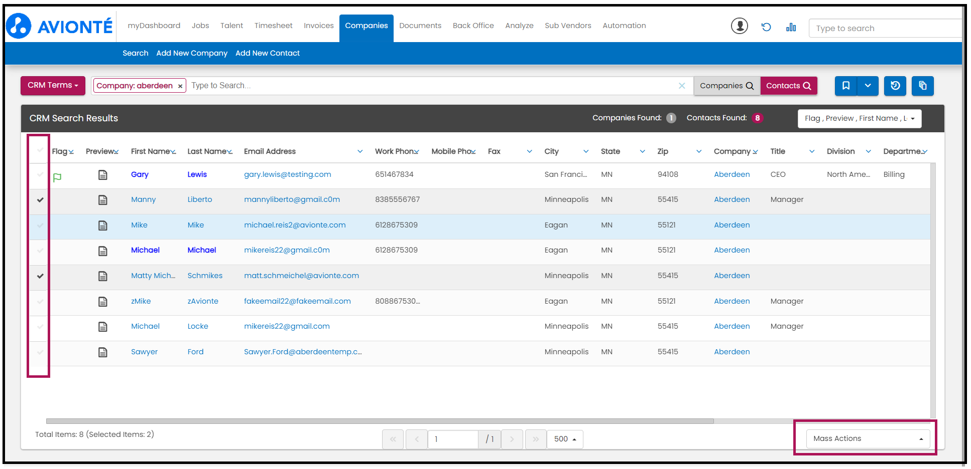 Contact Search page Mass Actions