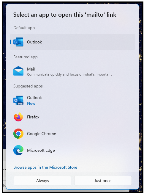 Forward activity email window