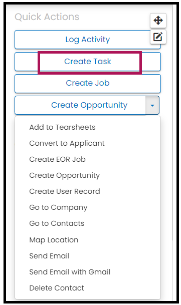 Quick Actions widget - Create Task